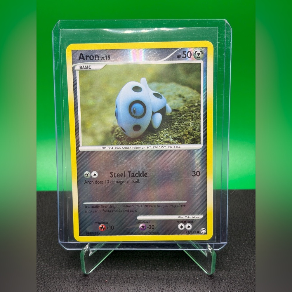 Aron Reverse Holo Pokemon card, Mysterious Treasures.